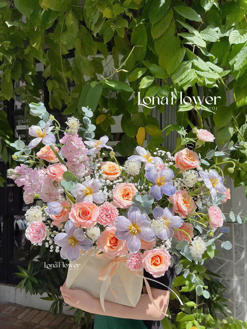 Box Hoa Tím Lavender & Cam Đào