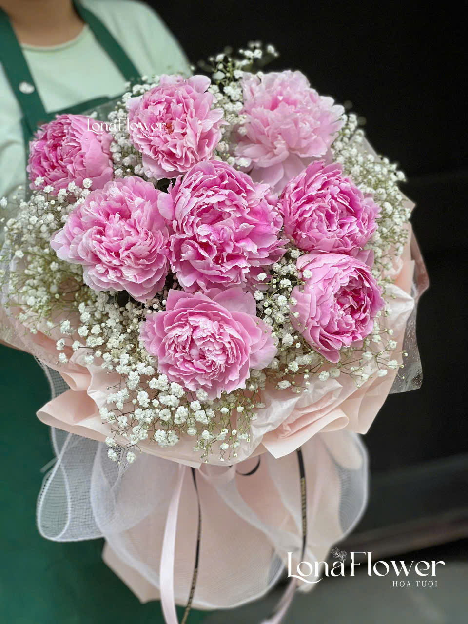 Bó Hoa Peony Hồng & Baby Trắng 