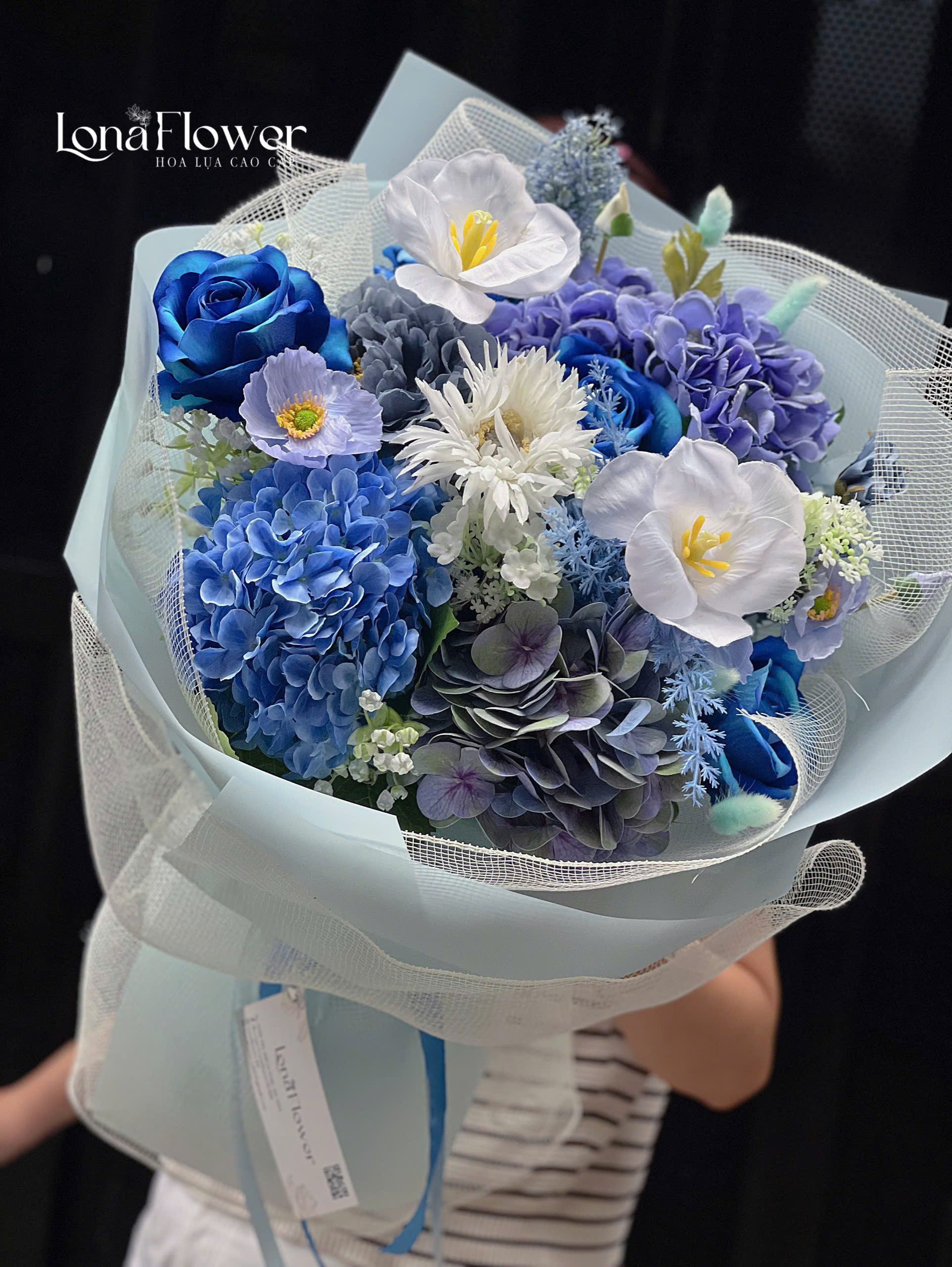 HL-366 Bó Hoa Lụa Xanh Dương - Cẩm Tú Cầu & Tulip Thanh Lịch 💙🌷