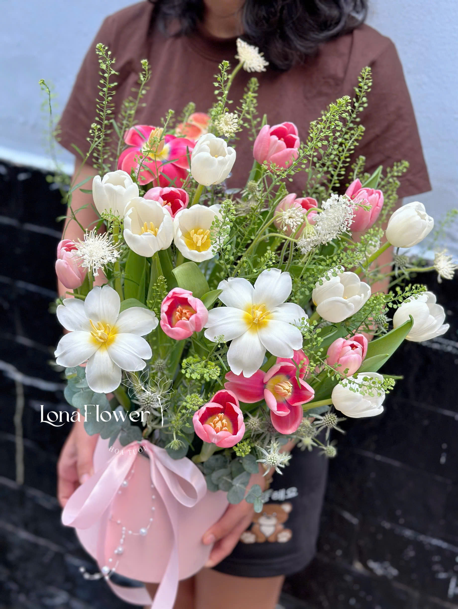 Box Hoa Tulip Hồng&Trắng Tươi Mới