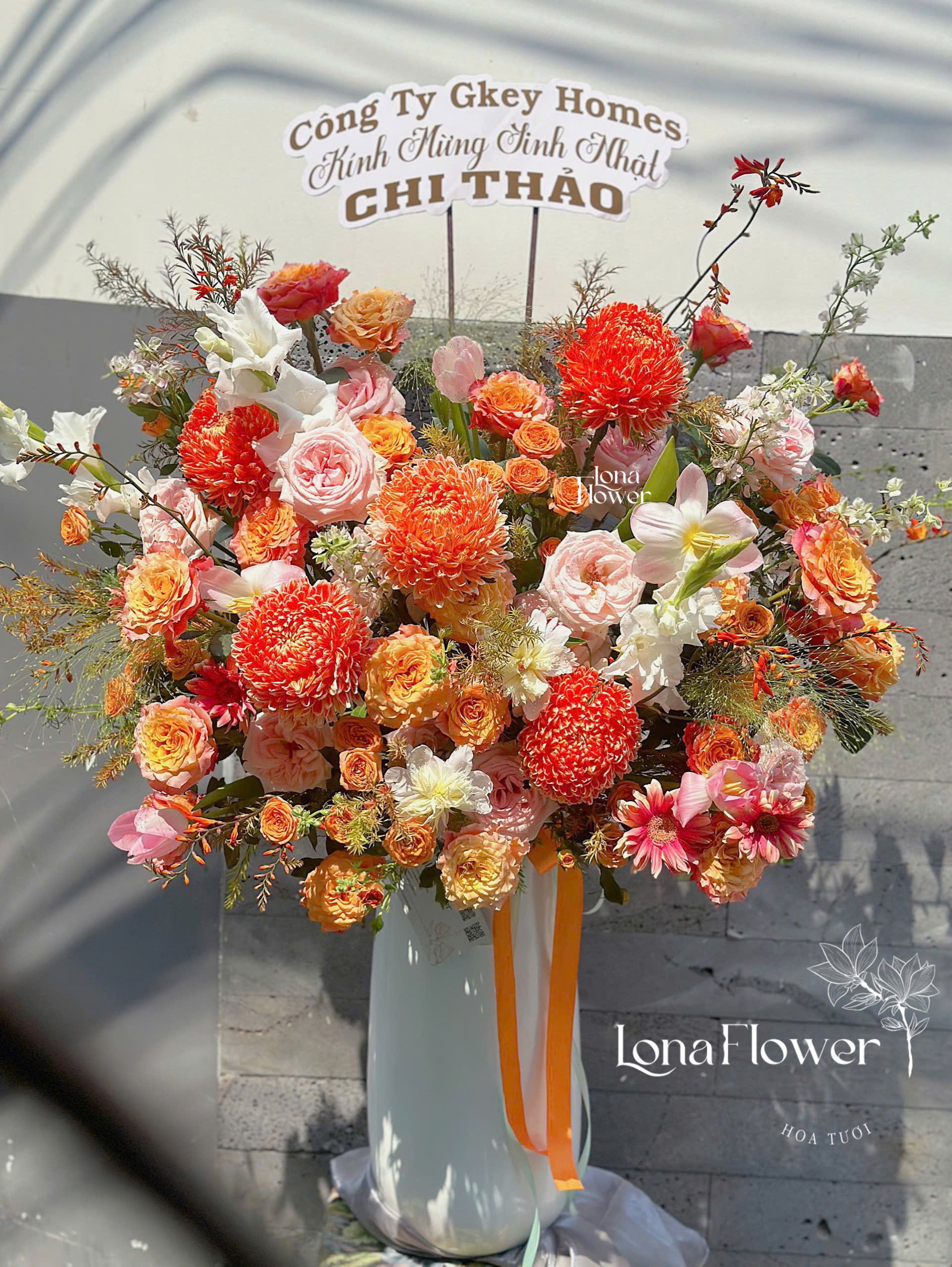 Bình Hoa Cao Cấp Cúc Mẫu Đơn Cam, Hồng Spirit & Tulip - Khai Trương/Kính Mừng Sinh Nhật Sang Trọng 🍊🧡