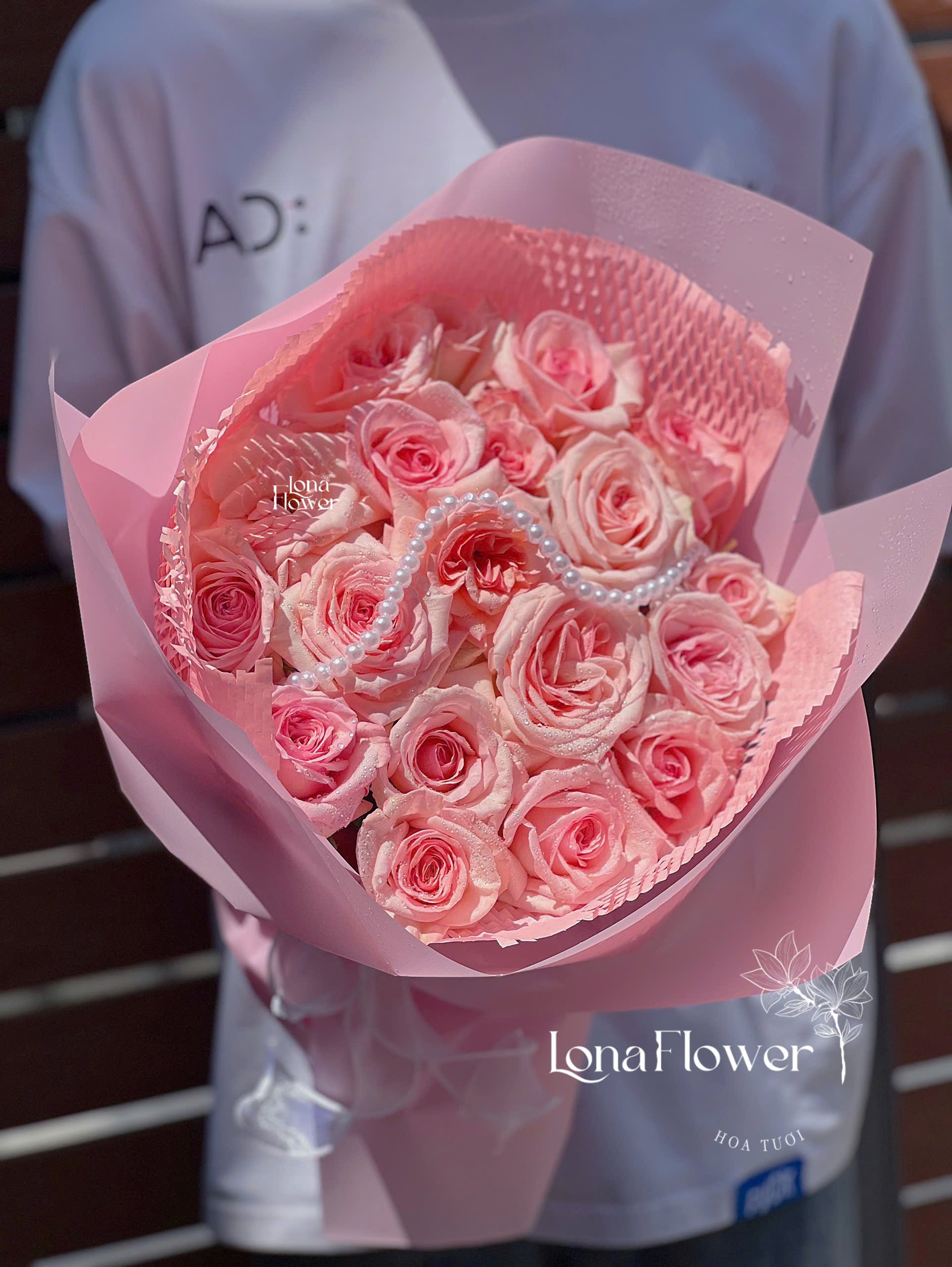 Bó Hoa Hồng Ohara Hồng Pastel Kèm Ngọc Trai Sang Trọng | Lona Flower