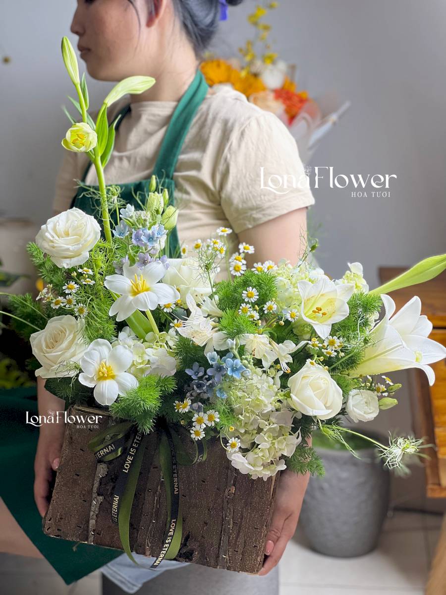 Lẵng hoa khai trương tone xanh
