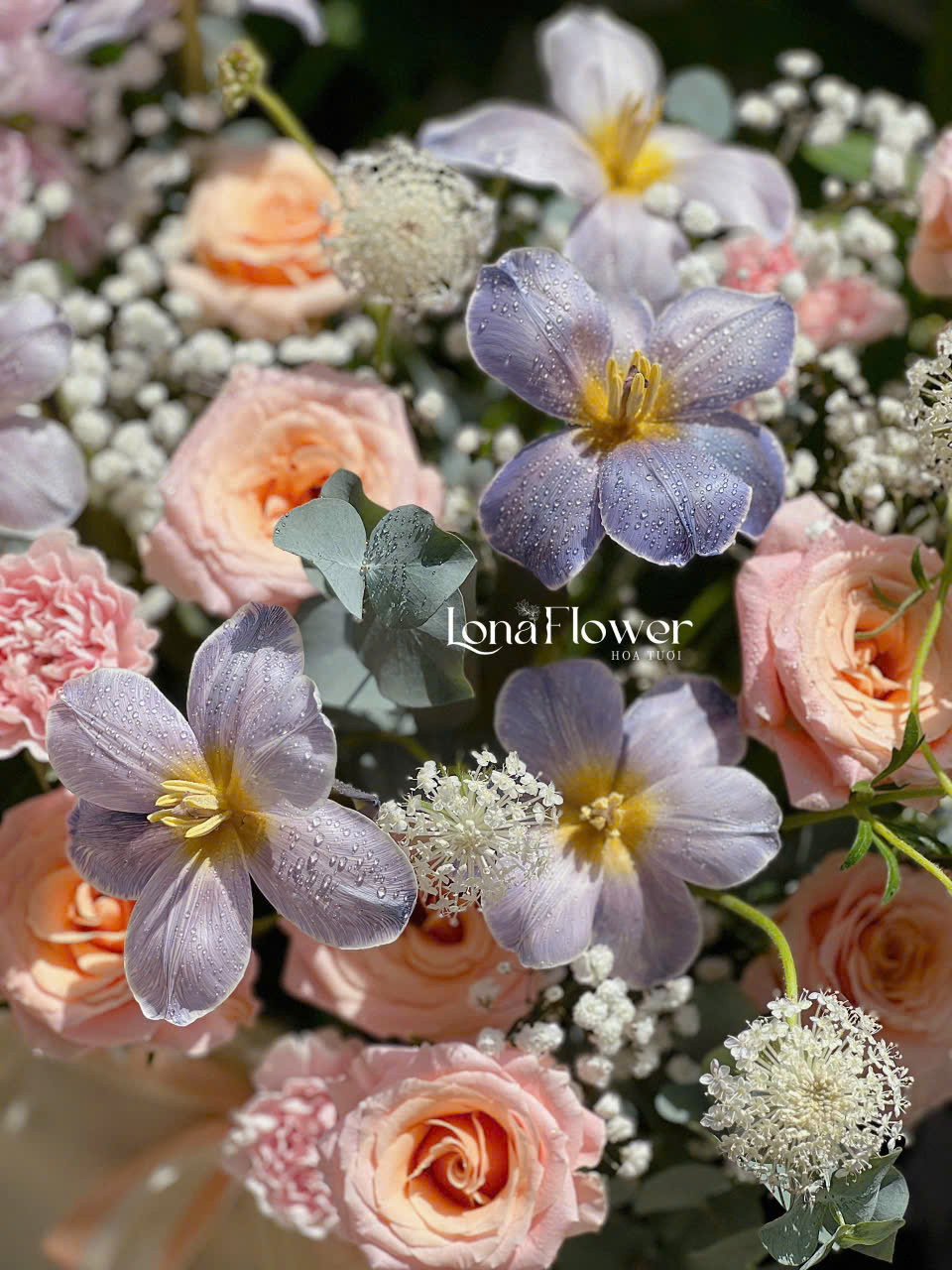 Box Hoa Tím Lavender & Cam Đào