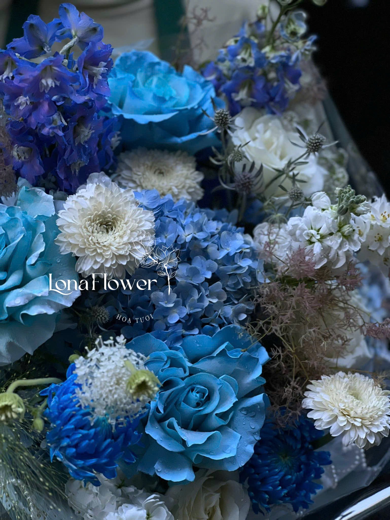 Bó Hoa Thiên Thanh Huyền Bí: Hồng Ecuador, Cẩm Tú Cầu, Cúc Mẫu Đơn, Delphinium 💙🌹✨