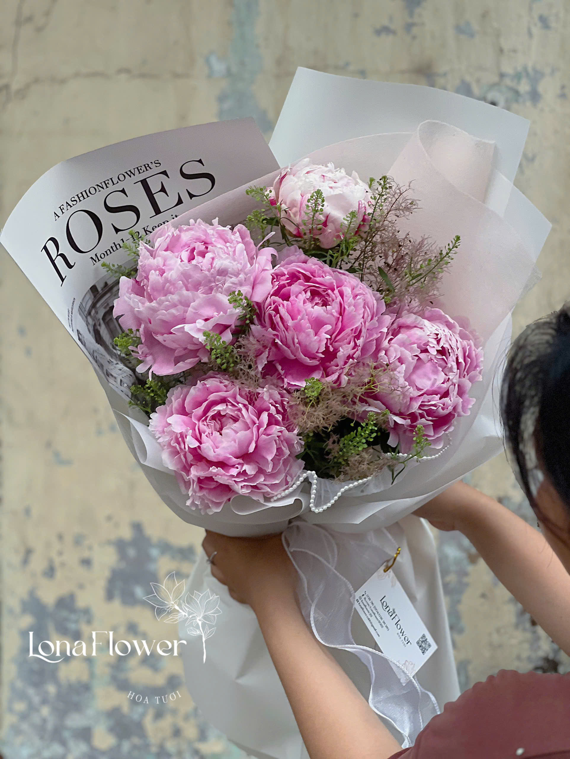 Bó Peony Mix Cỏ Đồng Tiền