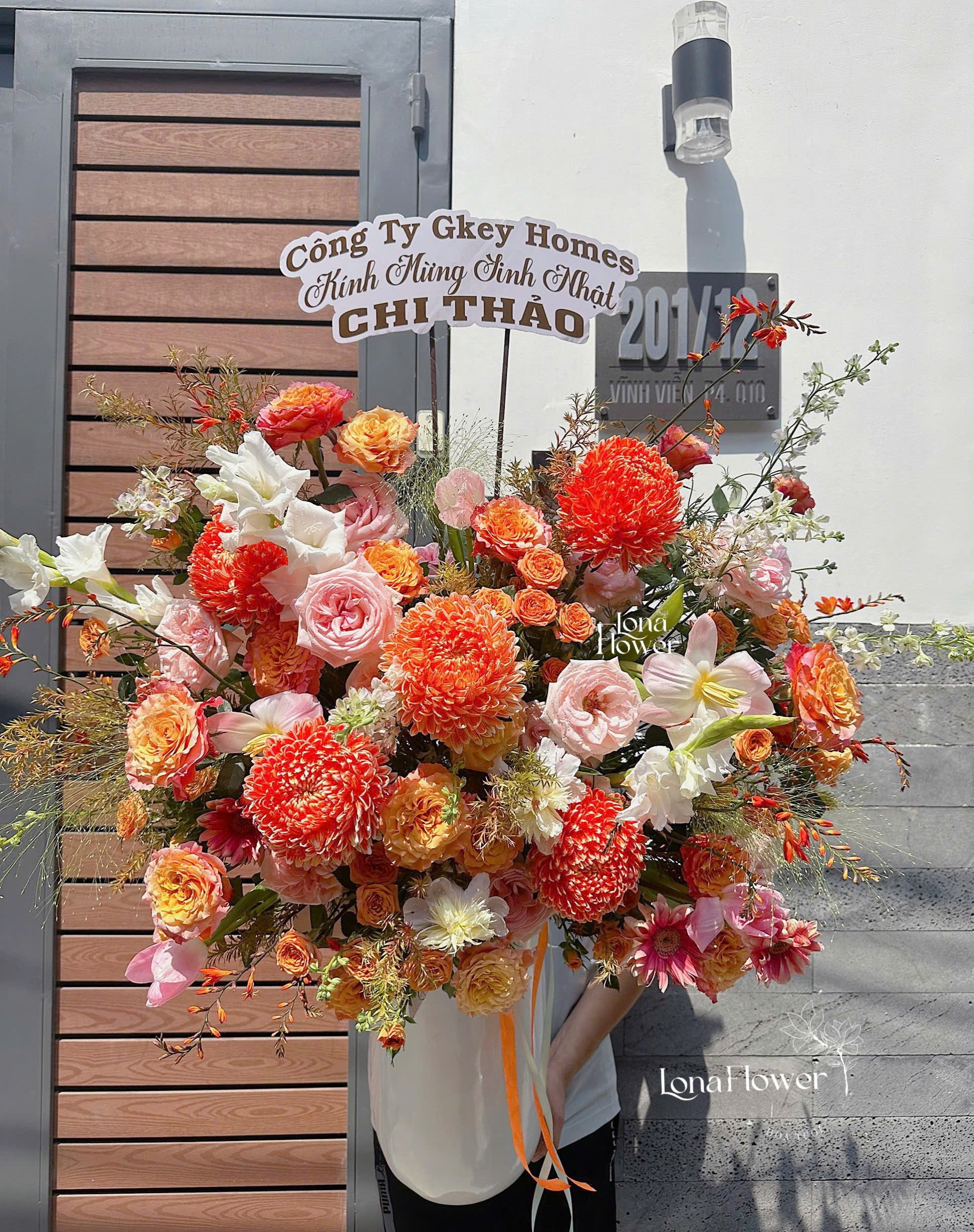 Bình Hoa Cao Cấp Cúc Mẫu Đơn Cam, Hồng Spirit & Tulip - Khai Trương/Kính Mừng Sinh Nhật Sang Trọng 🍊🧡