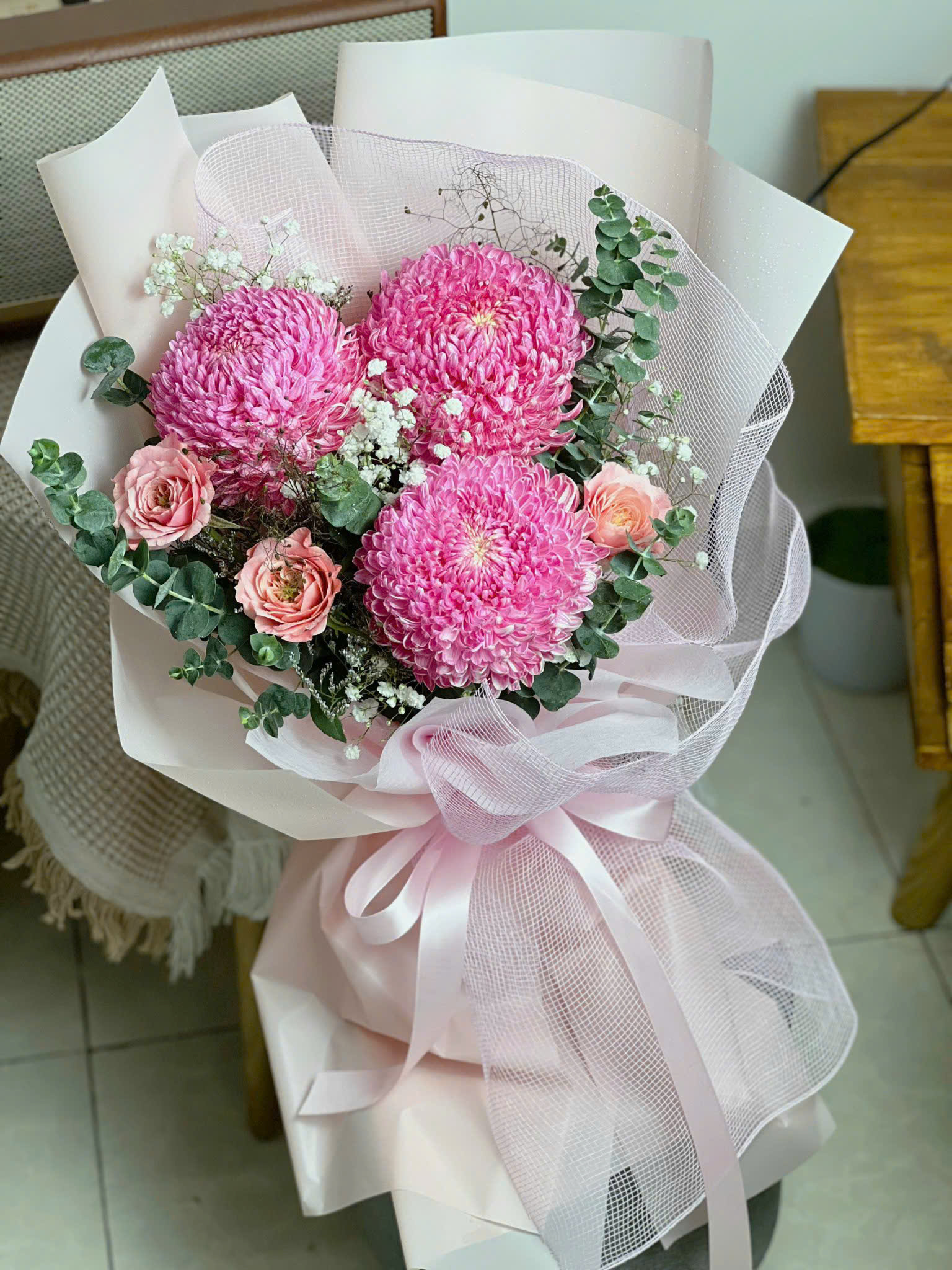 BH-185 Bó Cúc Mẫu Đơn Tone Hồng Sen