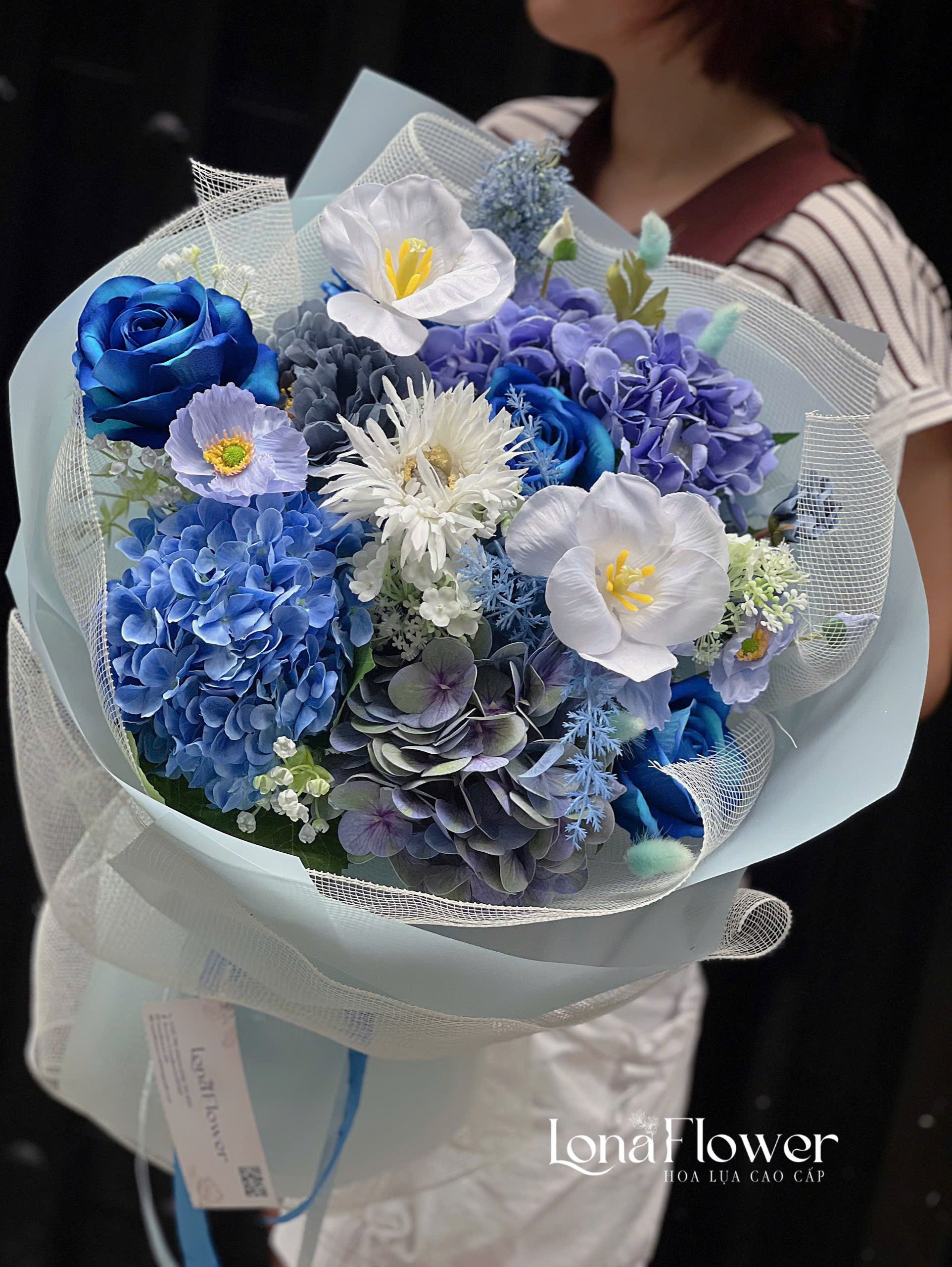 HL-366 Bó Hoa Lụa Xanh Dương - Cẩm Tú Cầu & Tulip Thanh Lịch 💙🌷