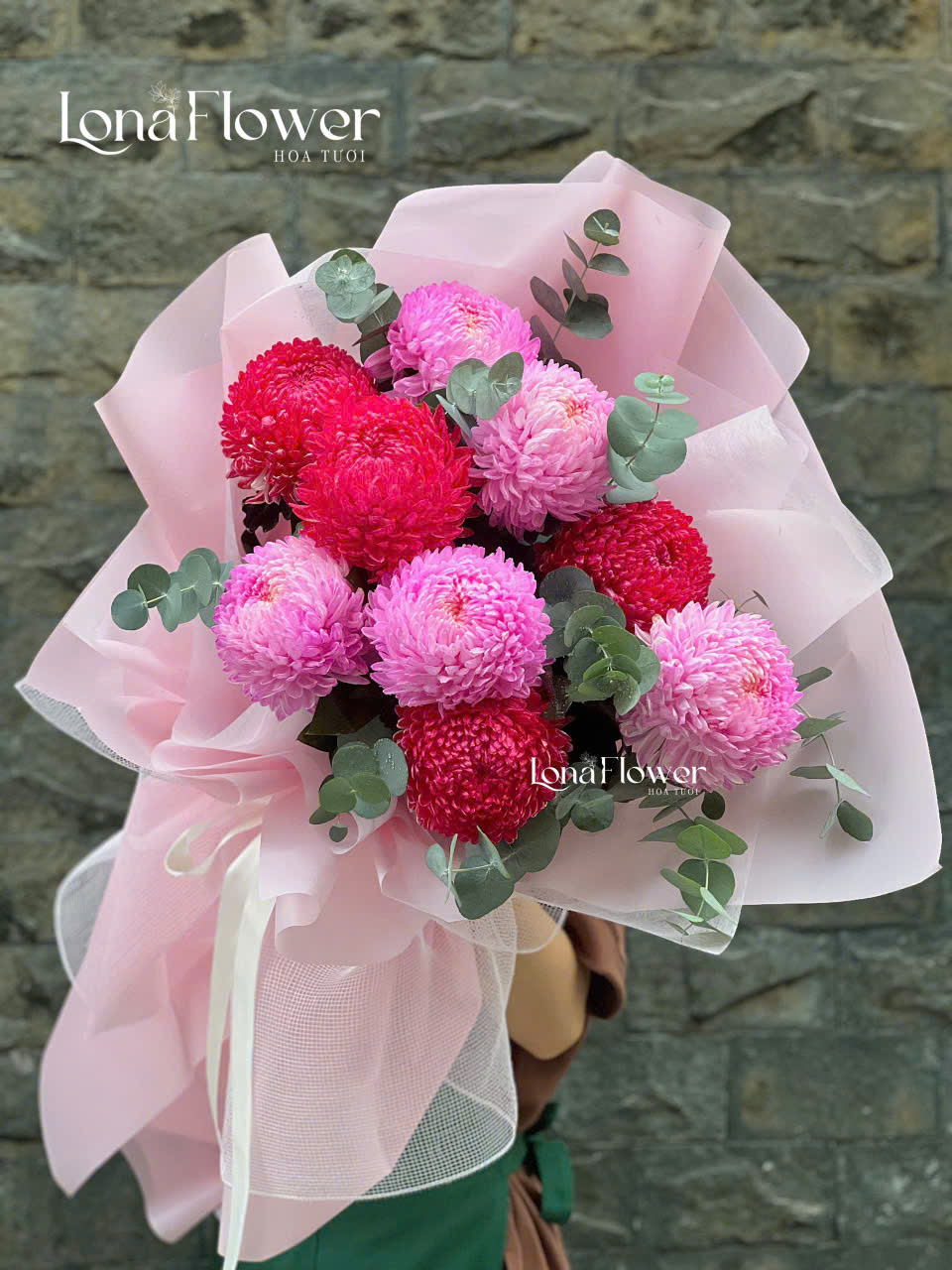 Bó Cúc Mẫu Đơn Nhập Tone Đỏ Hồng