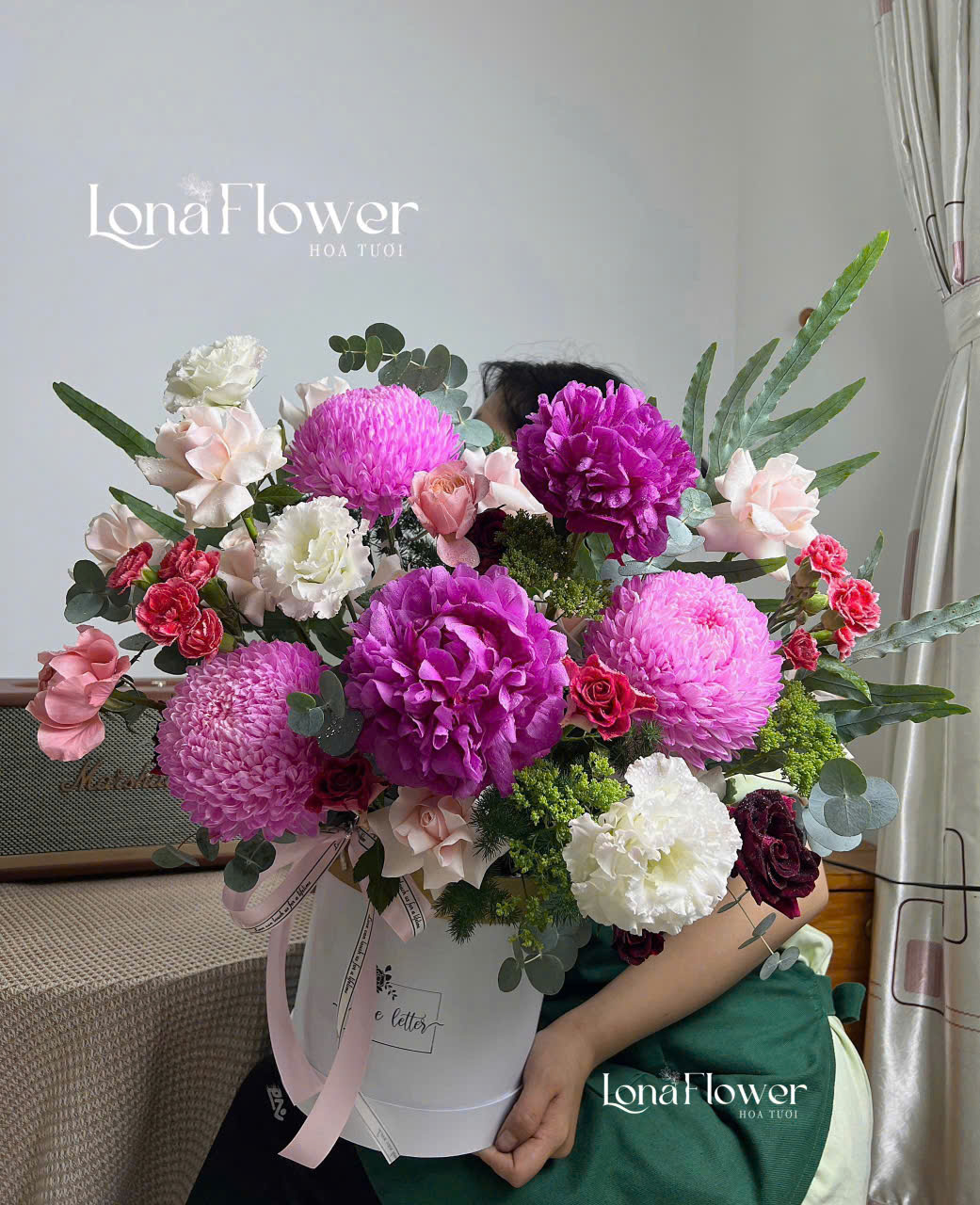 Hộp Hoa Peony & Cúc Mẫu Đơn Mix Sắc Hồng Trắng